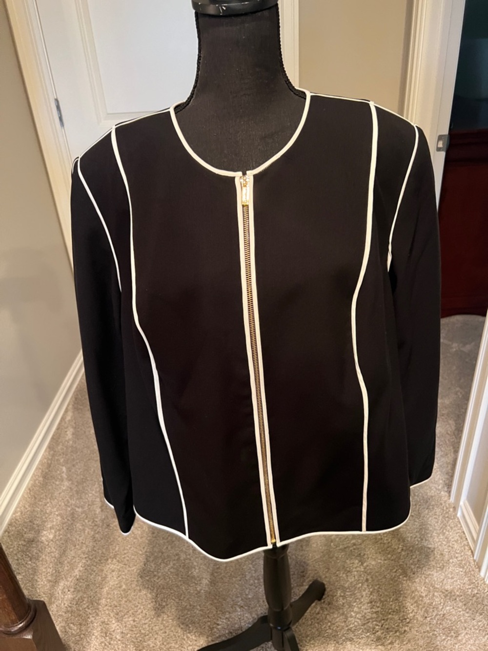 Calvin Klein Black Jacket with White Piping and Gold-Tone Zip